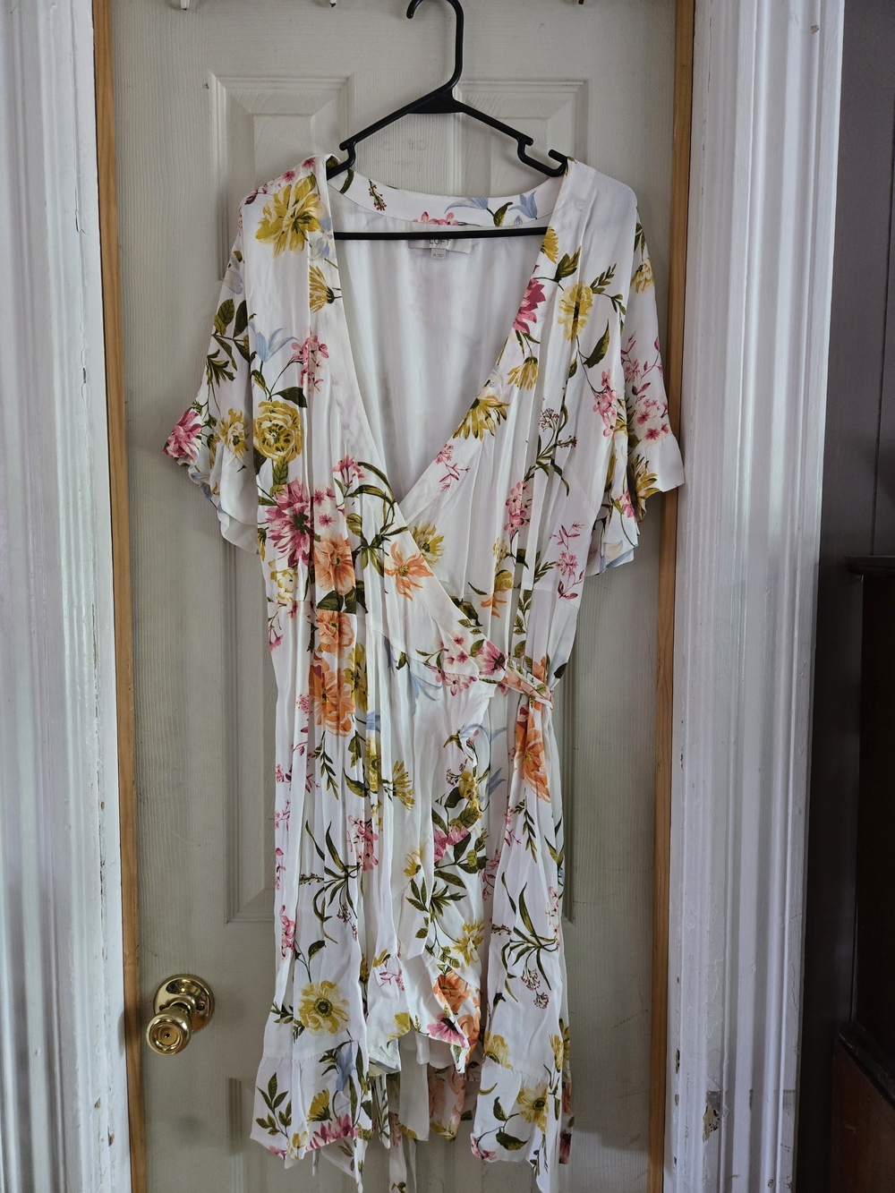 LOFT White Floral Wrap Dress with Pink & Yellow Blooms